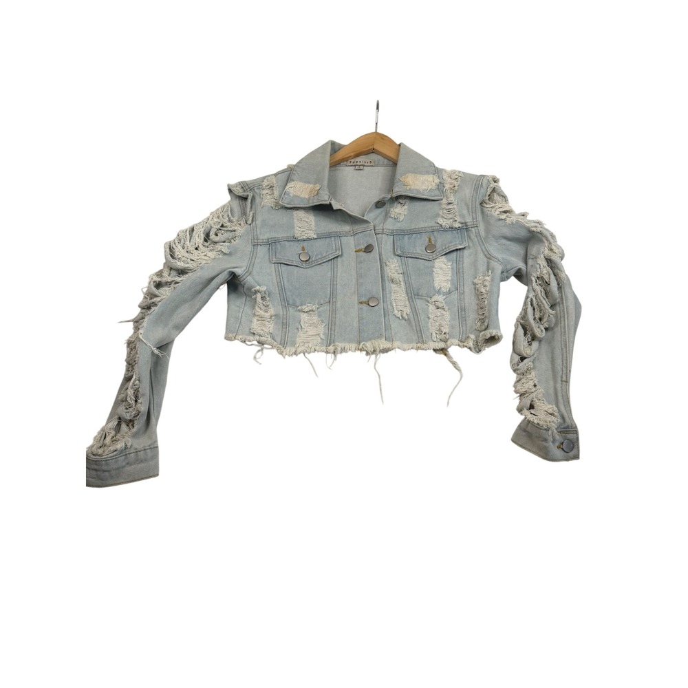 36point5 Light Wash Distressed Cropped Denim Jacket Small Blue Frayed Edgy 4634